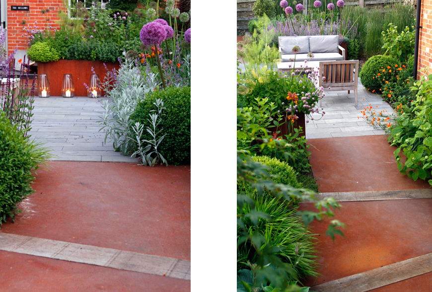 rusting corten contrasts with green oak sleepers, Great Walsingham, Norfolk