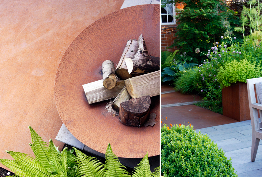 weathered corten steel in the greencube foundry garden Great Walsingham, Norfolk