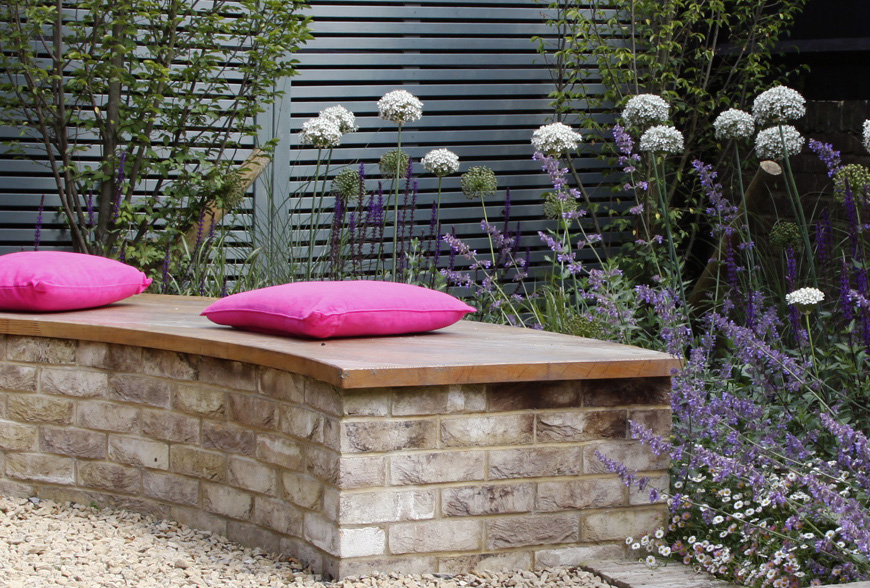 brick and oak bench, an interesting place to relax in our tunbridge wells, kent greencube garden