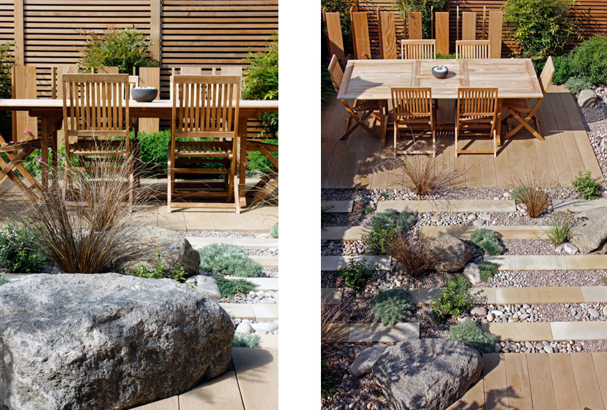 bold sculptural boulders used as a focal point in the borders in chislehurst, kent