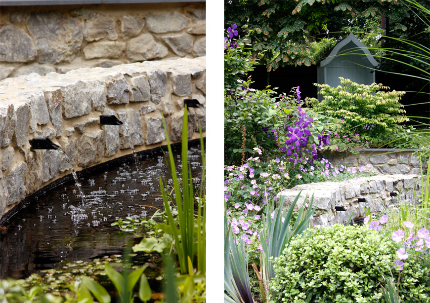 water spouts trickle from ragstone walls surrounding the pond, in this greencube garden design in sevenoaks, kent