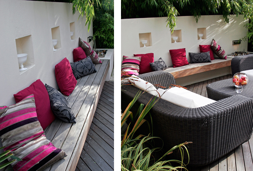 a cantilevered bench in our Twickenham, London garden design by greencube